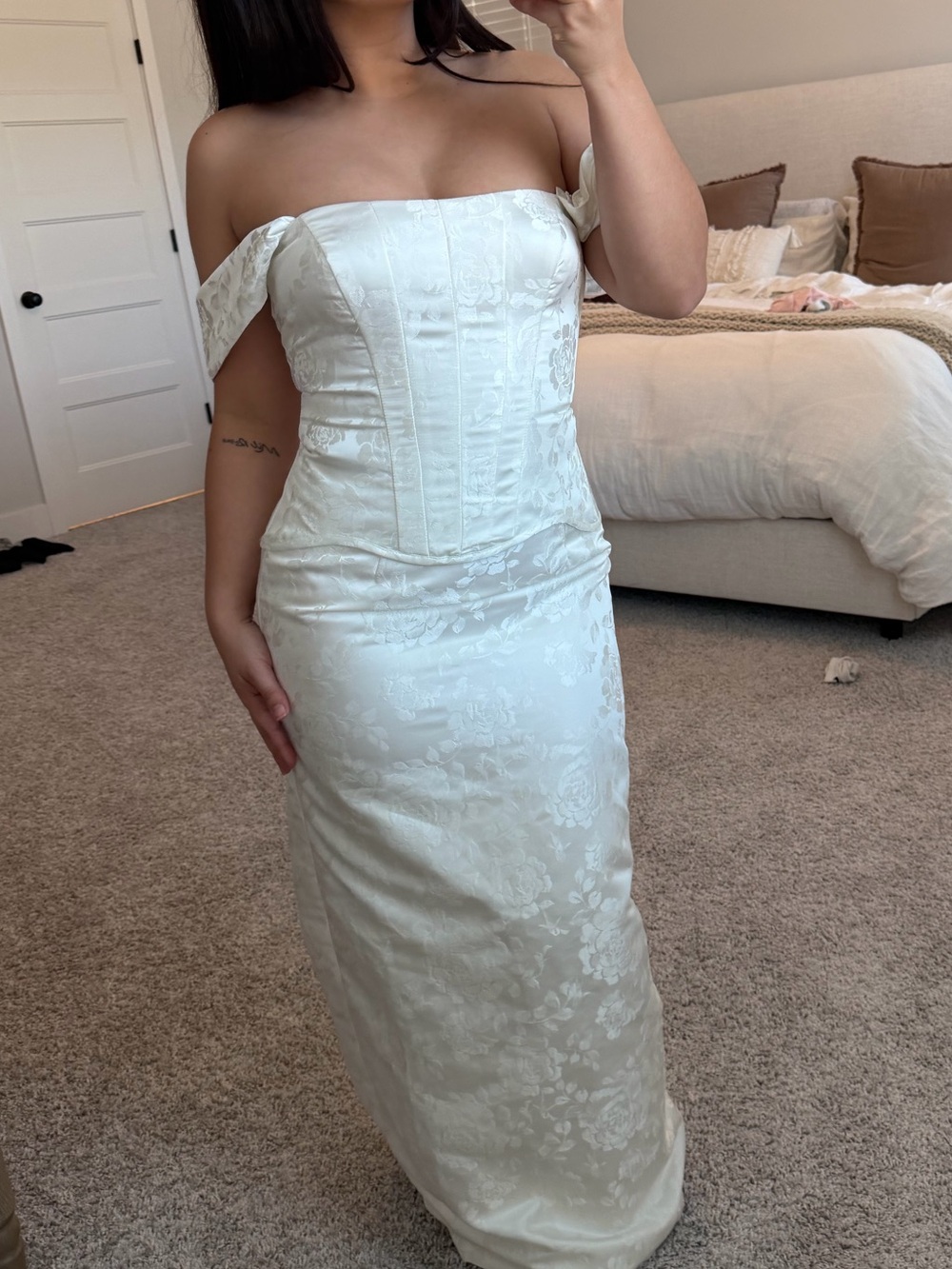 Lulu's Strapless White Floral Jacquard Gown